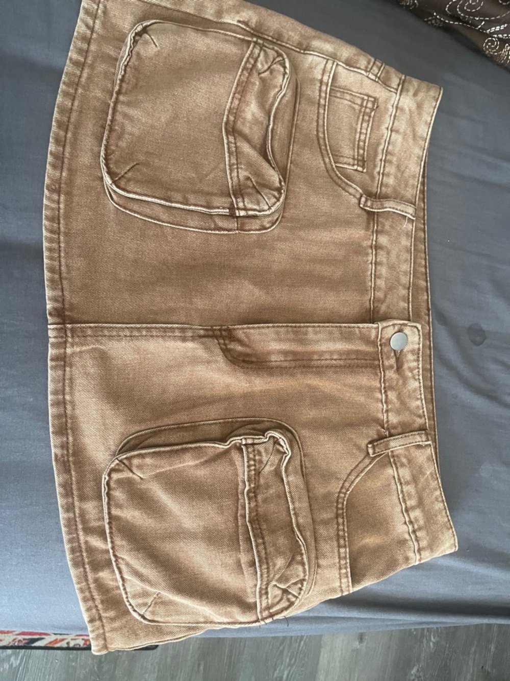 Brown Denim Mini Skirt with Front Patch Pockets